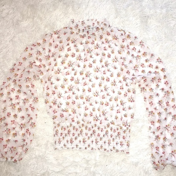 Chiffon White Floral Mock Neck Blouse with Puff Poet Sleeves & Gathered Waist, S - Picture 1 of 7